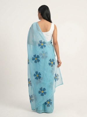 blue linen saree floral print with white blouse 3