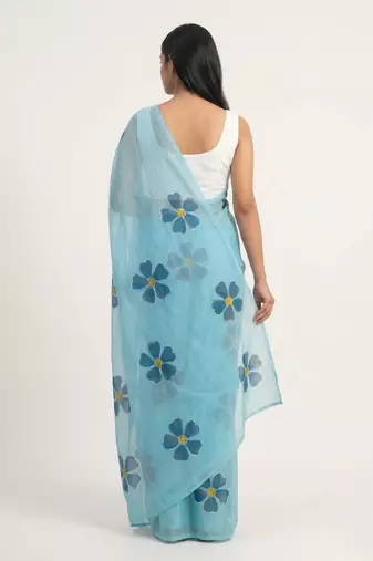 blue linen saree floral print with white blouse