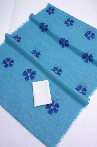 blue linen saree floral print with white blouse