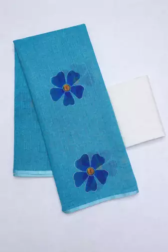 blue linen saree floral print with white blouse