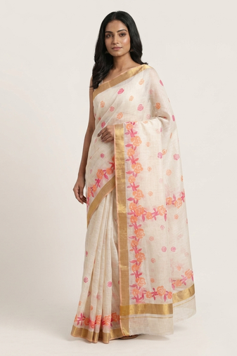 Off white woven linen saree with blouse piece