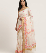Off white woven linen saree with blouse piece