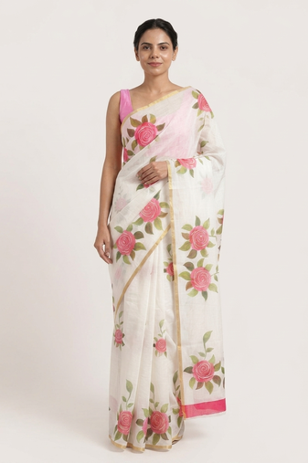 White woven linen saree with blouse piece