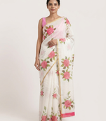 white linen saree with floral print design