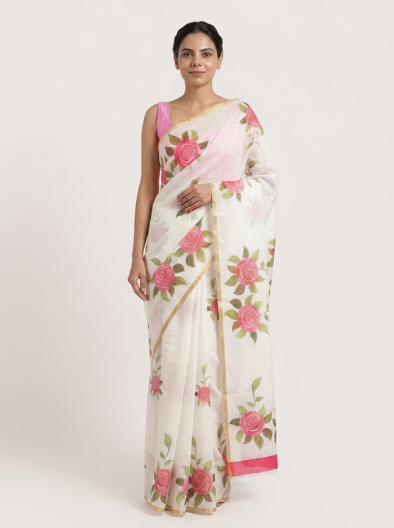 White woven linen saree with blouse piece