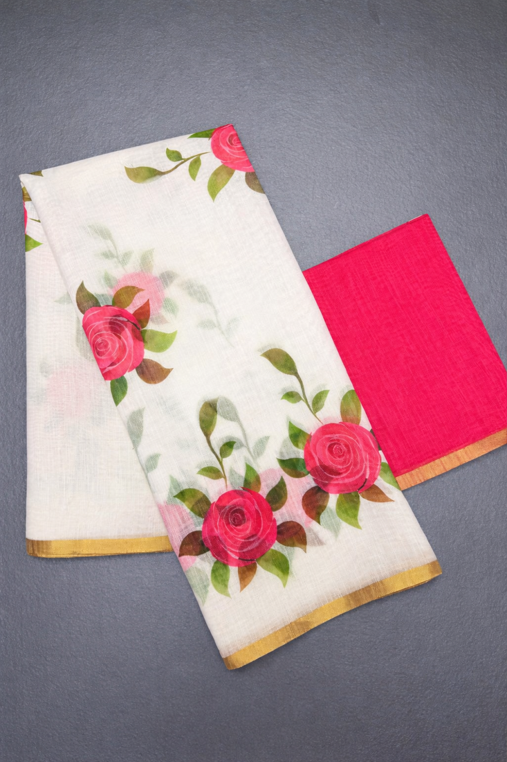white linen saree with floral print design