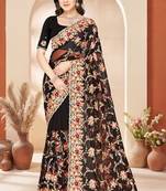 Black color net resham embroidered & zircon work saree