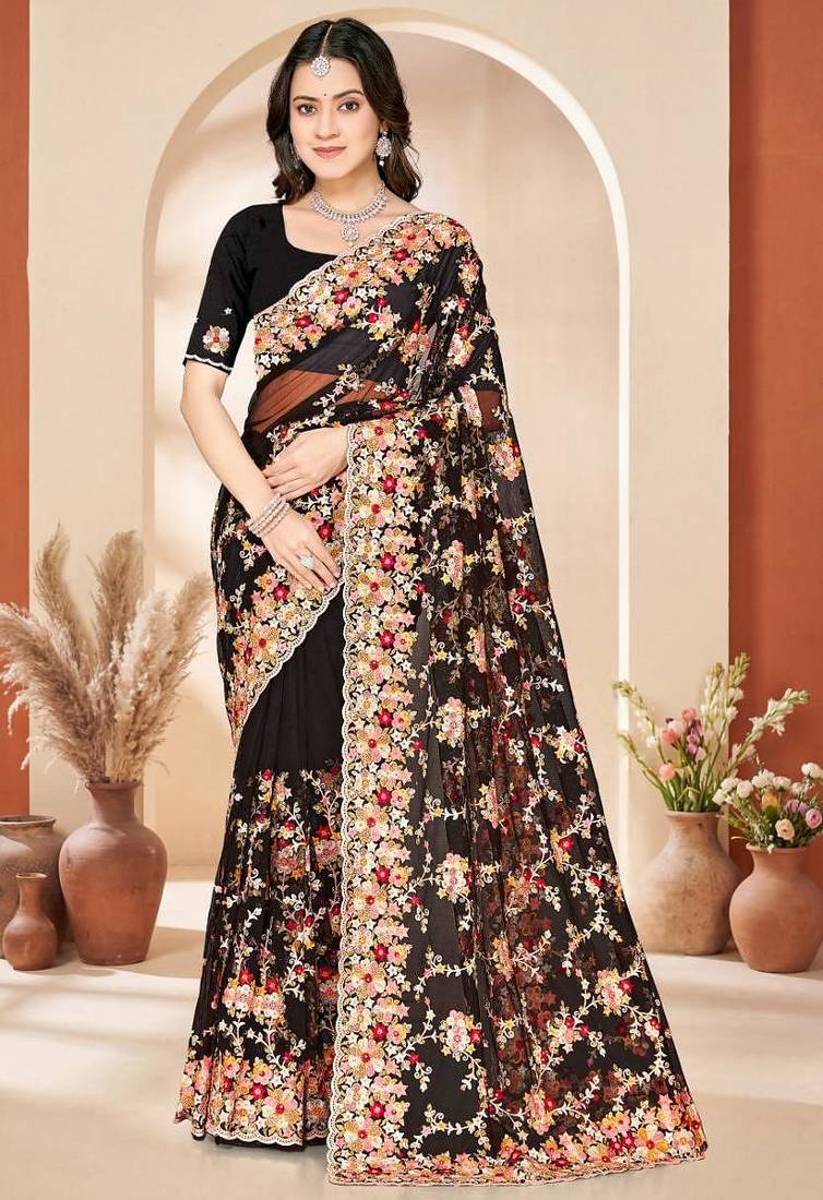 Black color net resham embroidered & zircon work saree