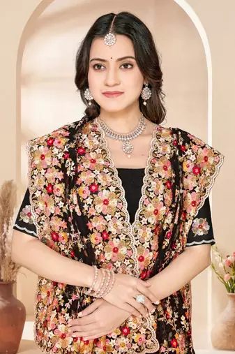 Black color net resham embroidered & zircon work saree