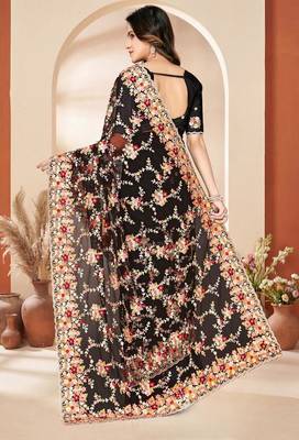 Black net resham embroidered & zircon work saree 3
