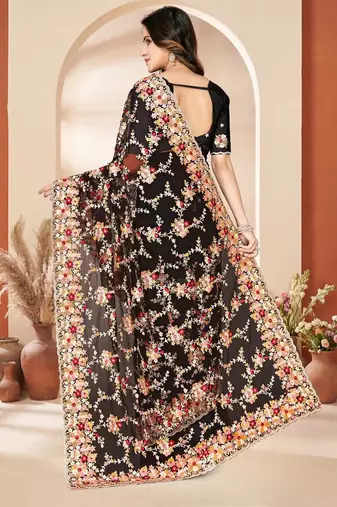 Black color net resham embroidered & zircon work saree