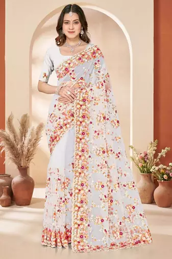 White color net resham embroidered & zircon work saree