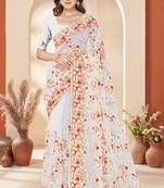 White color net resham embroidered & zircon work saree