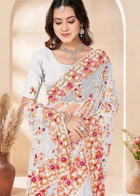 White color net resham embroidered & zircon work saree 2