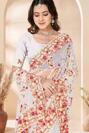 White color net resham embroidered & zircon work saree