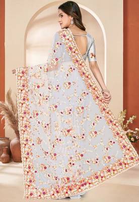White color net resham embroidered & zircon work saree 3