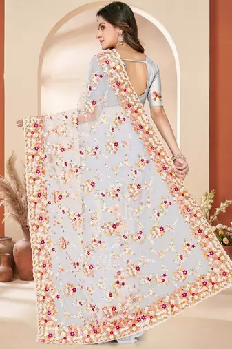 White color net resham embroidered & zircon work saree