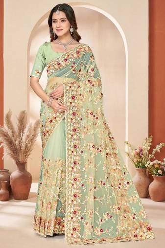 C green color net resham embroidered & zircon work saree