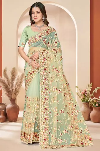 C green color net resham embroidered & zircon work saree
