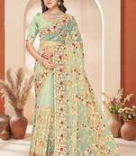 C green color net resham embroidered & zircon work saree