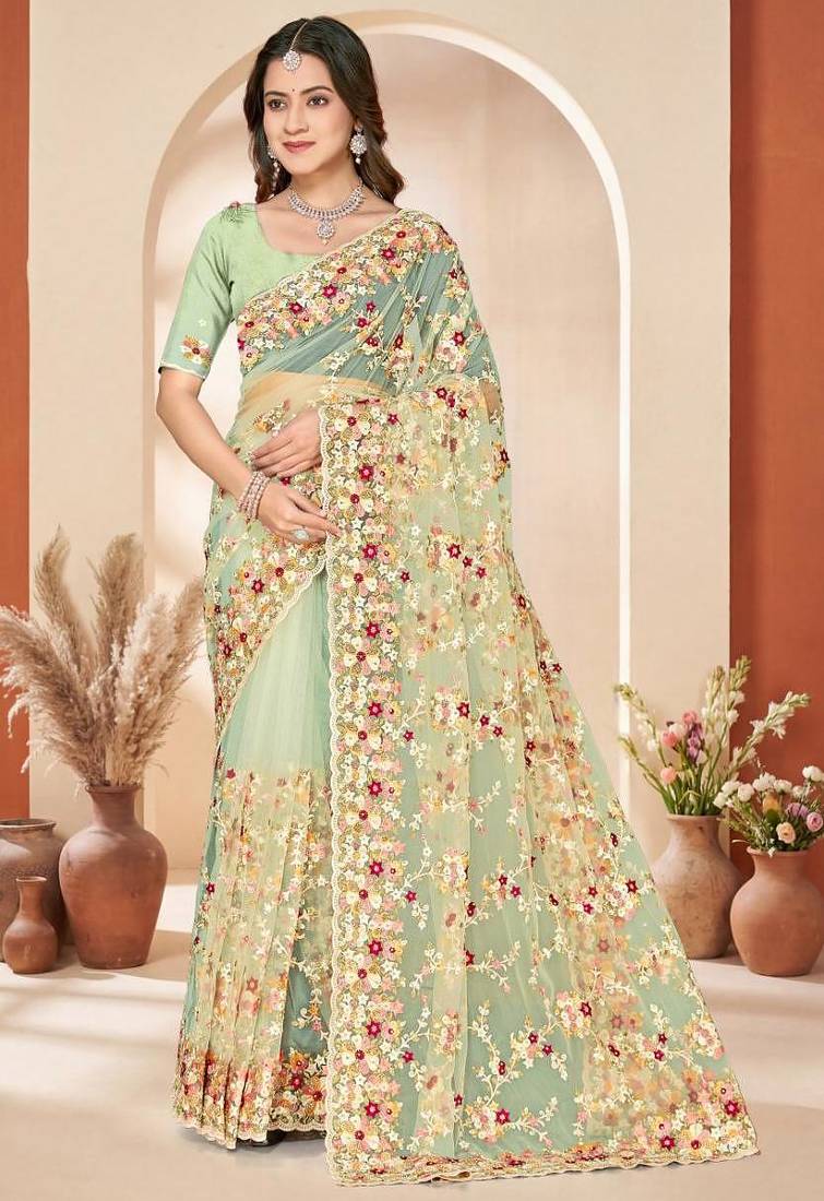 C green color net resham embroidered & zircon work saree