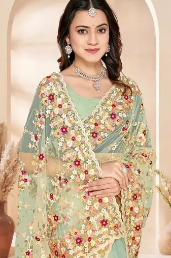 C green color net resham embroidered & zircon work saree