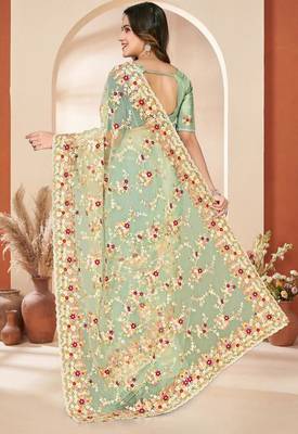 C green color net resham embroidered & zircon work saree 3