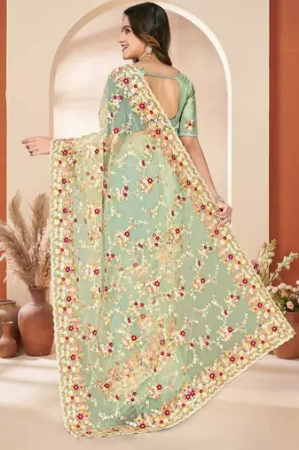 C green color net resham embroidered & zircon work saree