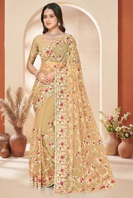 Lemon yellow color net resham embroidered & zircon work saree 1