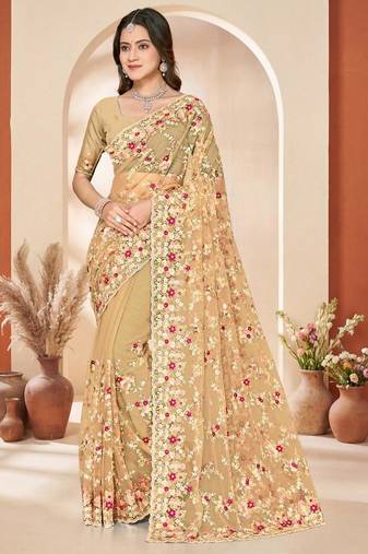 Lemon yellow color net resham embroidered & zircon work saree