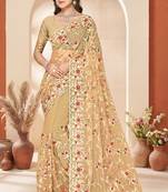 Lemon yellow color net resham embroidered & zircon work saree