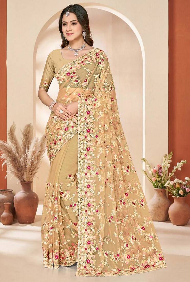 Lemon yellow color net resham embroidered & zircon work saree
