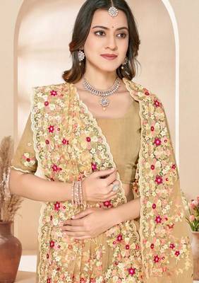 Lemon yellow color net resham embroidered & zircon work saree 2