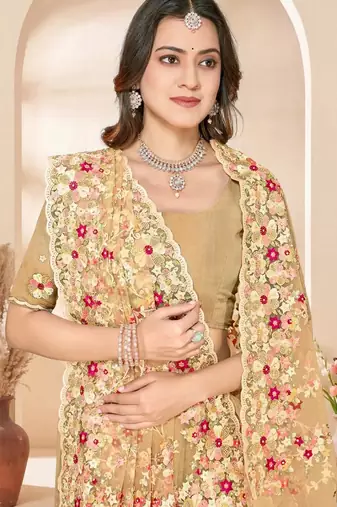 Lemon yellow color net resham embroidered & zircon work saree