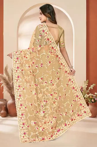 Lemon yellow color net resham embroidered & zircon work saree