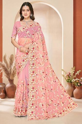 Dusty peach color net resham embroidered & zircon work saree