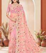 Dusty peach color net resham embroidered & zircon work saree