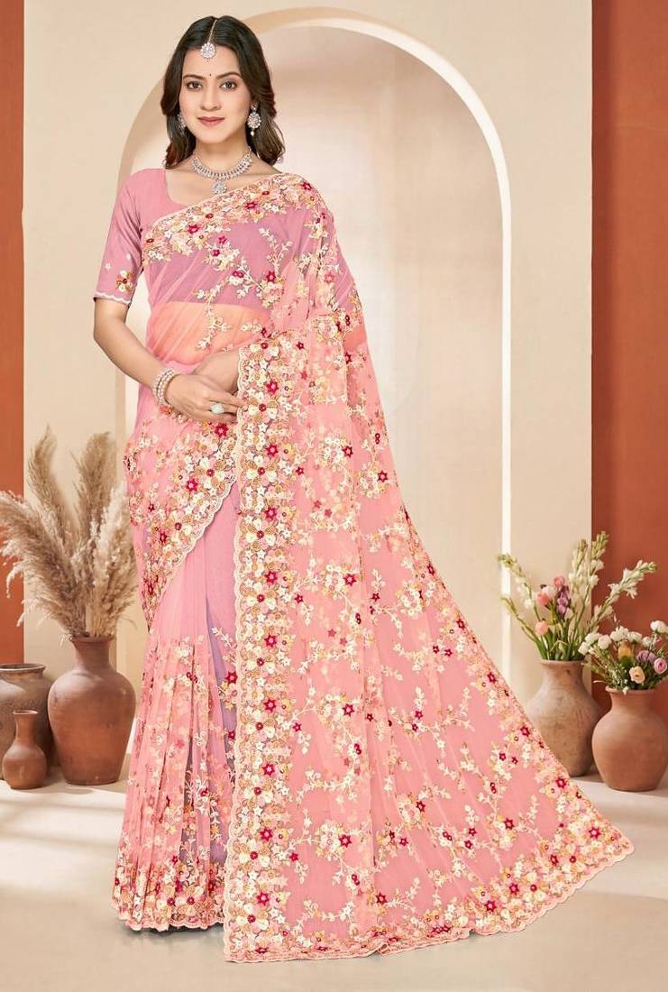 Dusty peach color net resham embroidered & zircon work saree