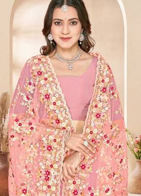 Dusty peach color net resham embroidered & zircon work saree 2