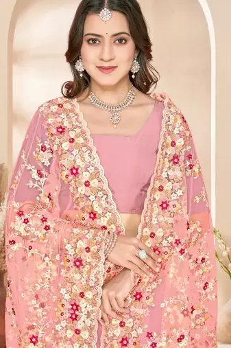 Dusty peach color net resham embroidered & zircon work saree