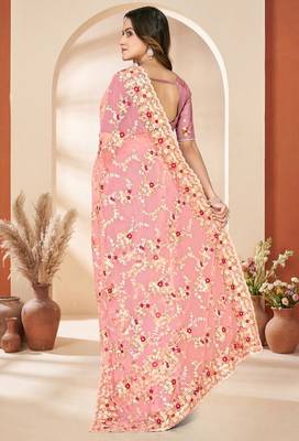 Dusty peach color net resham embroidered & zircon work saree 3