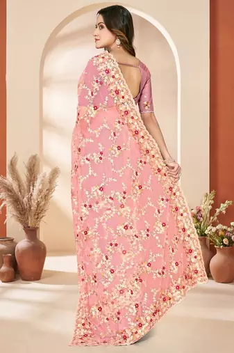 Dusty peach color net resham embroidered & zircon work saree