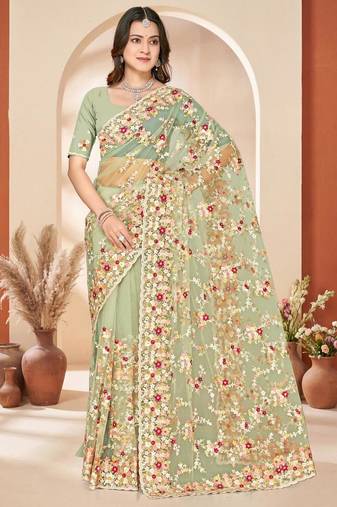 Dusty pista color net resham embroidered & zircon work saree