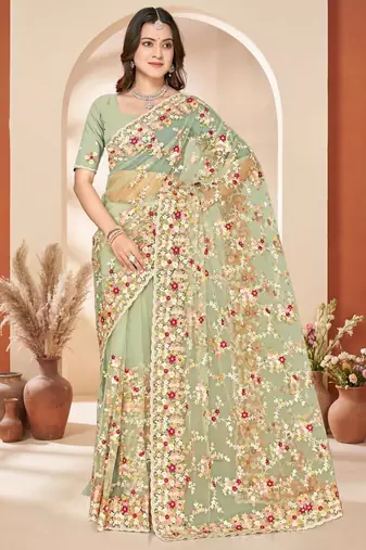 Dusty pista color net resham embroidered & zircon work saree