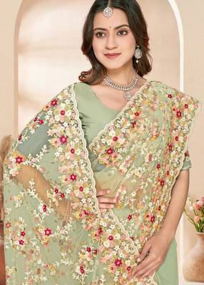Dusty pista color net resham embroidered & zircon work saree 2