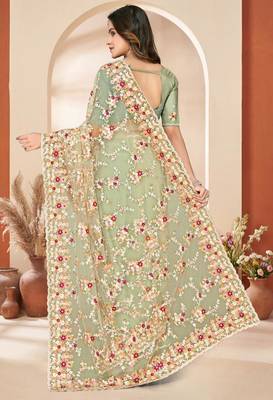 Dusty pista color net resham embroidered & zircon work saree 3