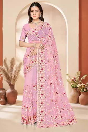 Dusty pink color net resham embroidered & zircon work saree