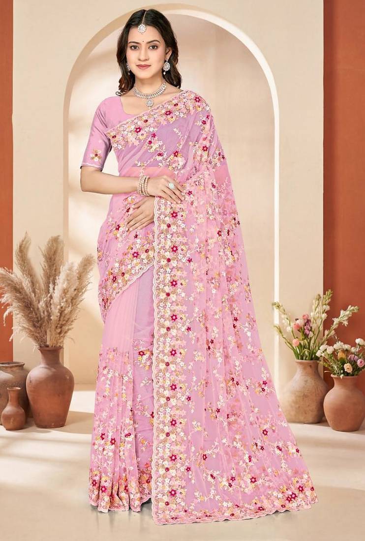 Dusty pink color net resham embroidered & zircon work saree