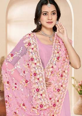Dusty pink color net resham embroidered & zircon work saree 2