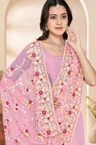Dusty pink color net resham embroidered & zircon work saree